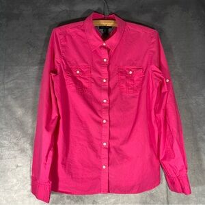 Tommy Hilfiger Women's L Button Down Shirt Tab Sleeve Barbiecore‎ Preppy